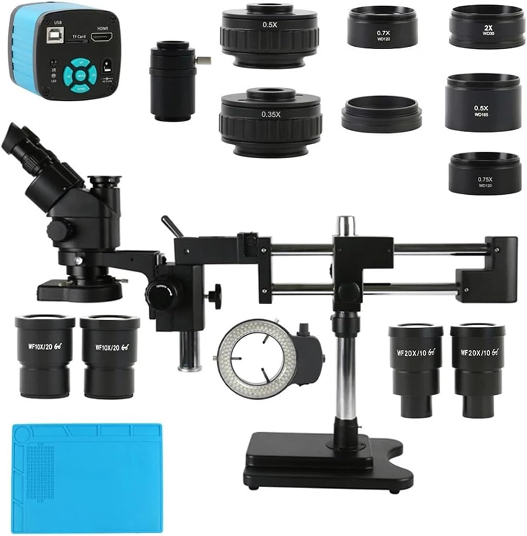 顕微鏡キット 3.5X-180X 三眼実体顕微鏡 2K 4K HDMI USB 55MP 48MP ビデオカメラ、スライドダブルブー