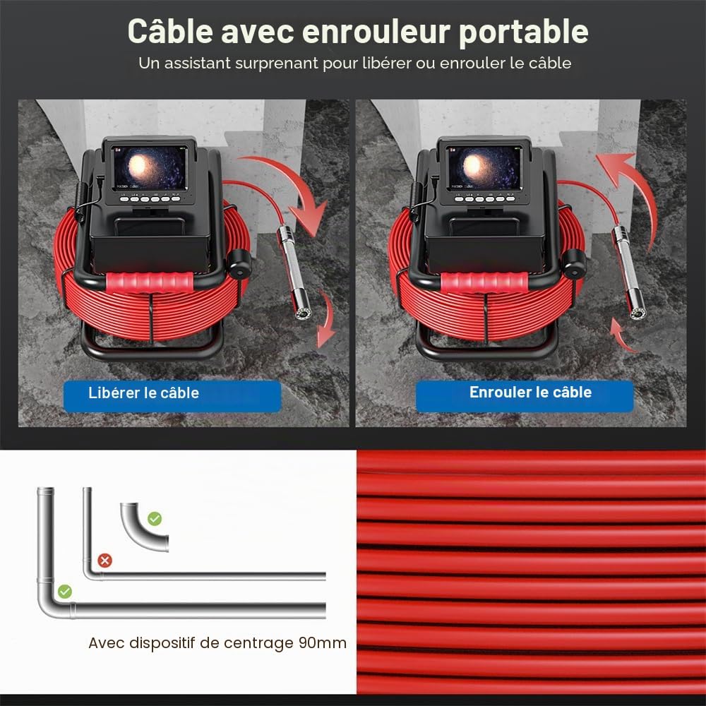 Camera d'inspection Canalisation avec DVR, 4.3" Caméra Endoscopique Étanche IP68 Écran LCD, Endoscope Industriel de 12 LED pour l'inspection des Égouts