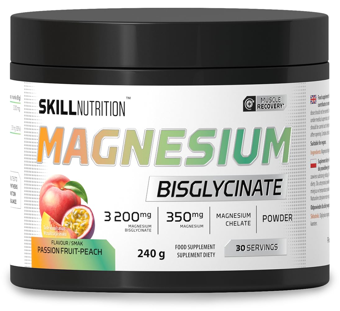 Skill Nutrition Magnesium Bisglycinate | Passion Fruit–Peach Flavor | 350 mg Magnesium per Serving | Chelated, Highly Bioavailable Form | Supports Muscles, Nervous System & Reduces Fatigue | 240 g