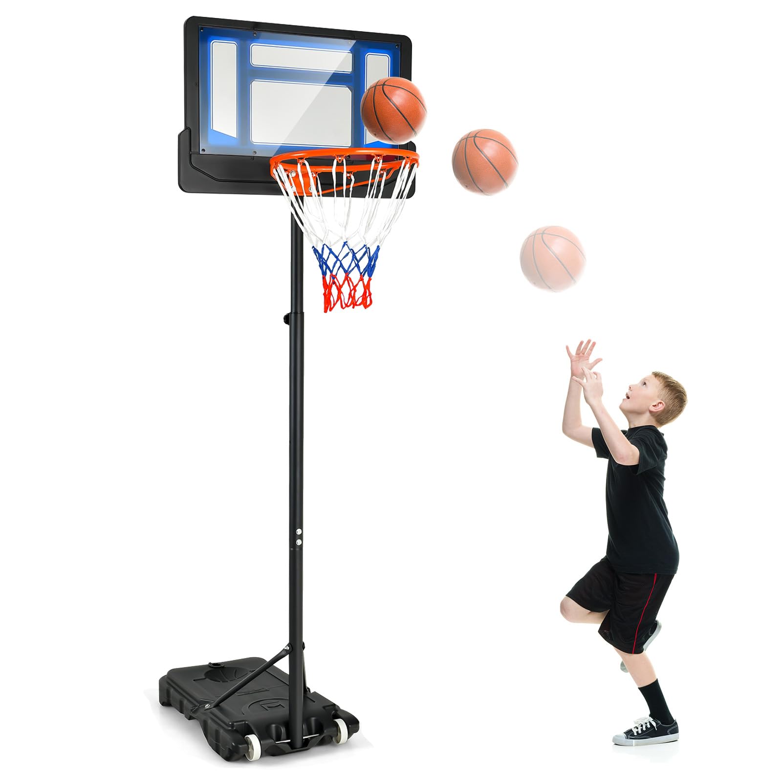 COSTWAY Canasta Baloncesto Exterior, Altura Ajustable 90-210 cm, Canasta Baloncesto Infantil, Rellenable de Arena y Agua, Movíl con Ruedas, Niños y Adultos