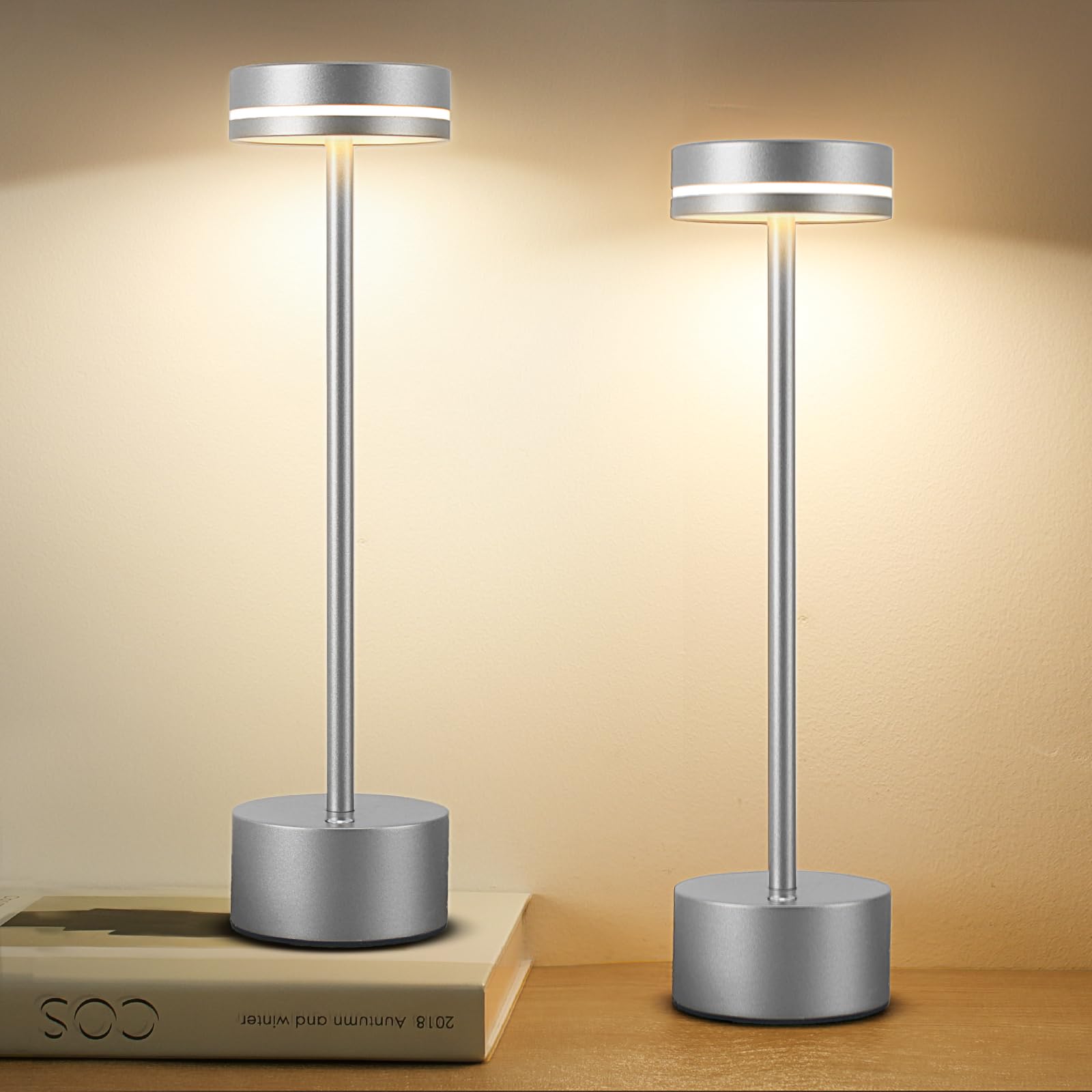 Gkeiten 2 Pack LED Cordless Table Lamp Rechargeable, 5000mAh Portable Battery Operated LED Desk Lamp, 3 Color Dimmable Table Light for Reading/Home
