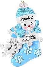 Bemaystar Personalised Christmas Bauble 2023 - Baby's First Christmas Ornament, for New Parents and Grandparents, Snow Baby in Stocking with Snowflake, Blue