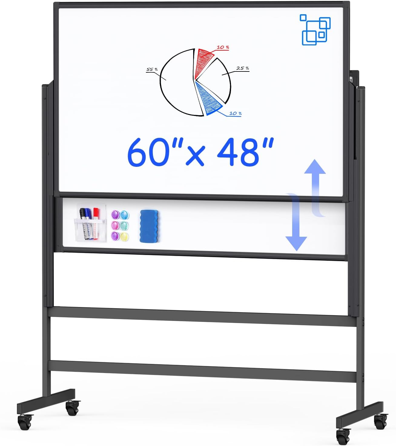 Double-Sided White Board on Wheels, 48x60 Inch (4'x5') Large Magnetic Mobile Dry Erase Board, Height Adjustable Stand Rolling Whiteboard for Office, Classroom, Home School Use, Black