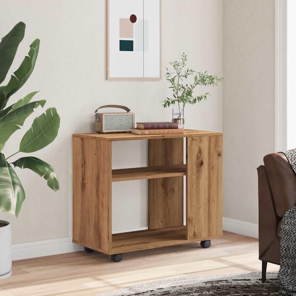 Tavolino su ruote, 70 x 35 x 55 cm, in legno, effetto rovere