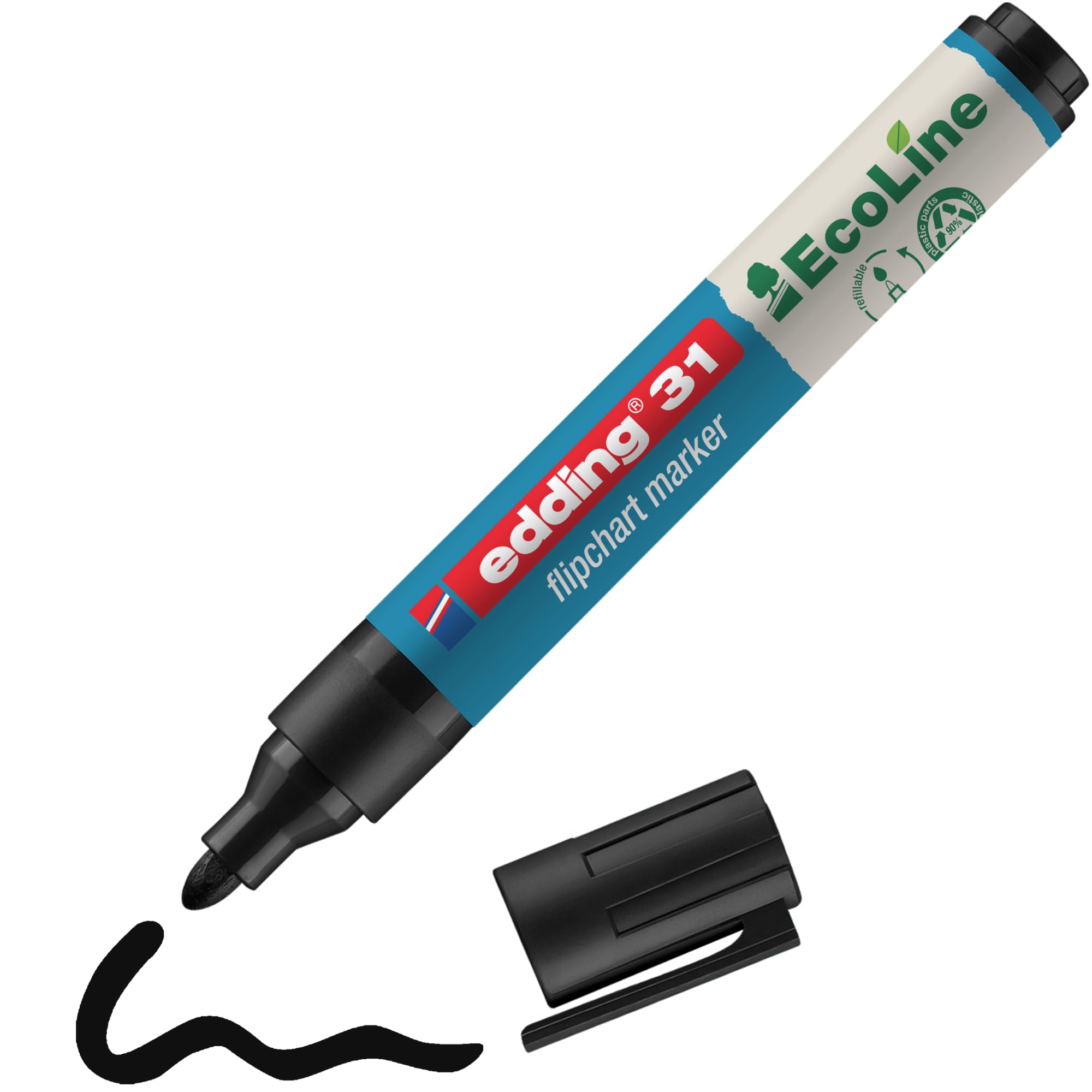 edding 31 Ecoline flipchart marker - black - 1 pen - round nib 1,5-3 mm - marker for writing, drawing and marking on flipchart paper - does not bleed through - does not dry out - refillable