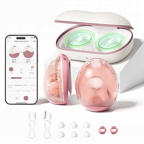 Momcozy Air 1 Ultra-Slim Breast Pump, Hands-Free Wearable Pump with Wireless Charging Case & App Control with Auto Mode & Full-Milk Alert, Industry-First Transparent Top for Easy Nipple Alignment