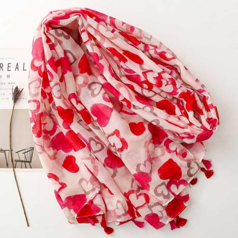 Red Scarf Patterns Heart Printed Festive Scarf for Women Long Scarf for Holiday2