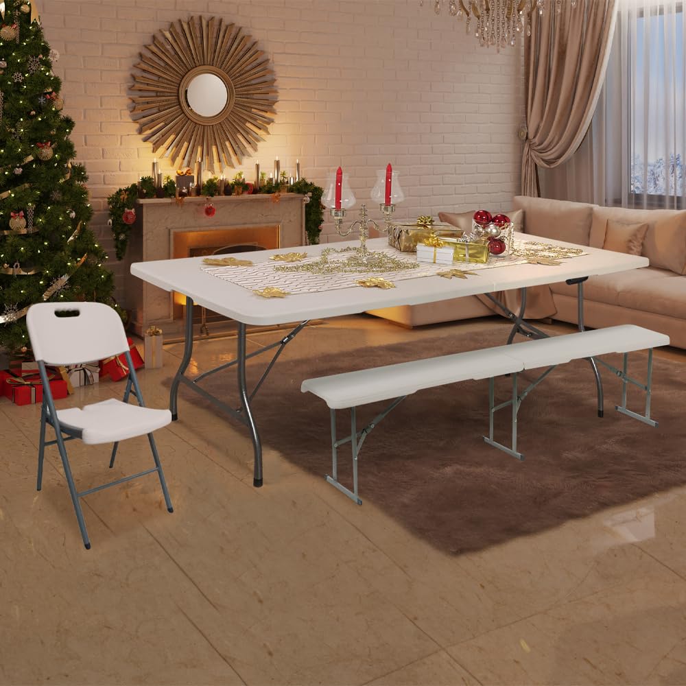 TERRE JARDIN - Table Pliante, 8 Places 180 x 74 x 74 cm,175 kg Max - Table Pliante Exterieur, Interieur Rectangulaire - Table de Jardin Pliante Blanche, Buffet, Fêtes, Camping - Stable et Robuste