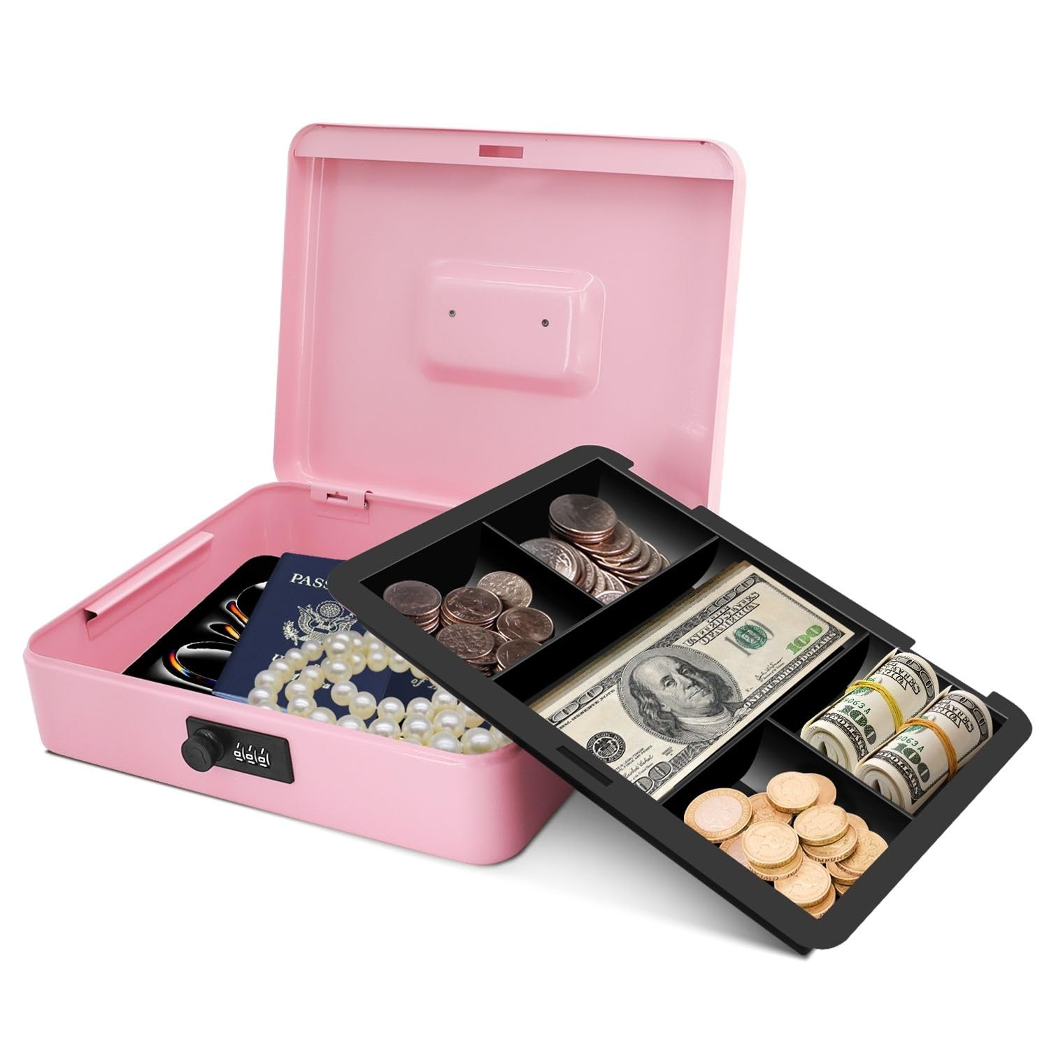 Flexzion Pink Cash Lock Box With Key - Petty Cash Box With Lock For Small Businesses, Events & Personal Savings - Metal Money Box With 4 Bill Slots, 5 Coin Slots, Checks & Receipts Storage
