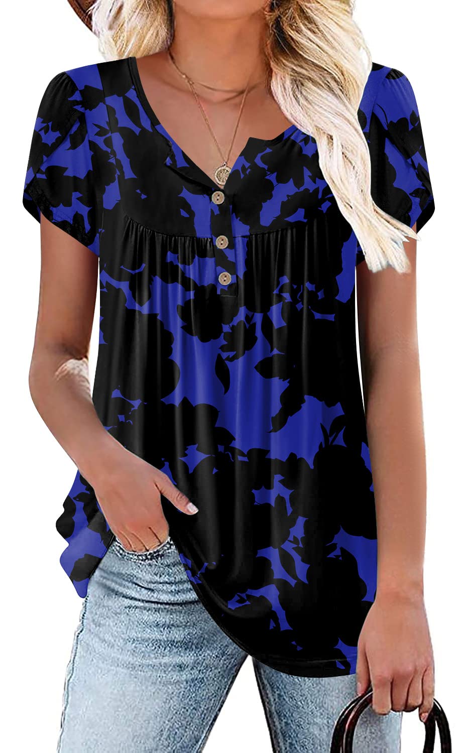 POPYOUNGWomen's 2024 Summer Petal Short Sleeve Tunic Tops Spring Casual Henley Shirt Blouse