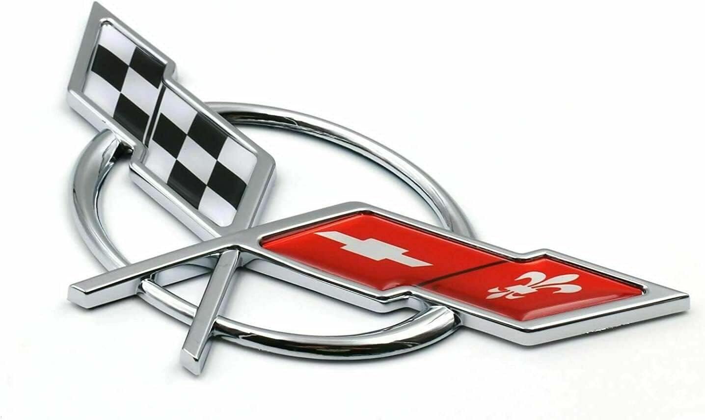 Pair Set 1997-2004 Corvette C5 Front Nose Emblem and Rear Deck Lid 3D Crossed Flags Badge Replacement for Corvette (Rear Deck Emblem Only(Chrome Red)