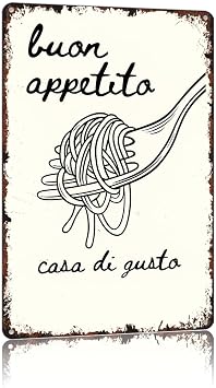 12x8 Inch Aluminum Buon Appetito Casa Di Gusto Spaghetti Fork Print Vintage Metal Sign, Retro Rusted Edge Decorative Wall Art for Restaurant Kitchen Dining Room Cafe Bistro Coffee Shop Decor