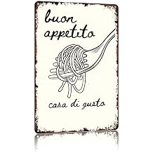 12x8 Inch Aluminum Buon Appetito Casa Di Gusto Spaghetti Fork Print Vintage Metal Sign, Retro Rusted Edge Decorative Wall Art for Restaurant Kitchen Dining Room Cafe Bistro Coffee Shop Decor