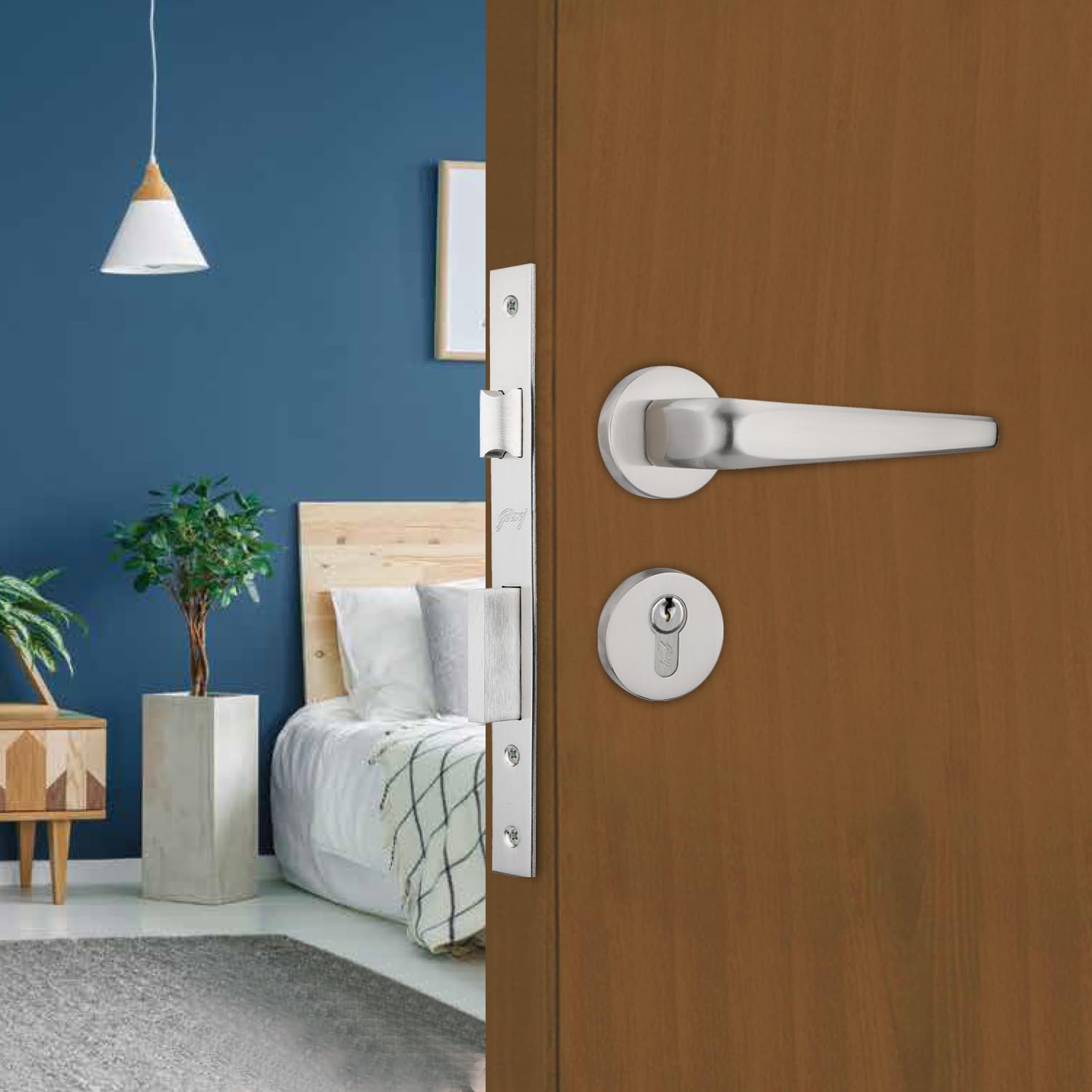 Godrej Mortise Lock|Handle Lock Set for Main & Bedroom Door|HDH 02 Rossette Home Decor Handle|Satin Steel Brass Finish|9 Inch Lockbody|70 mm 1CK Cylinder - Knob from Inside & 3 Keys | 1 Year Warranty