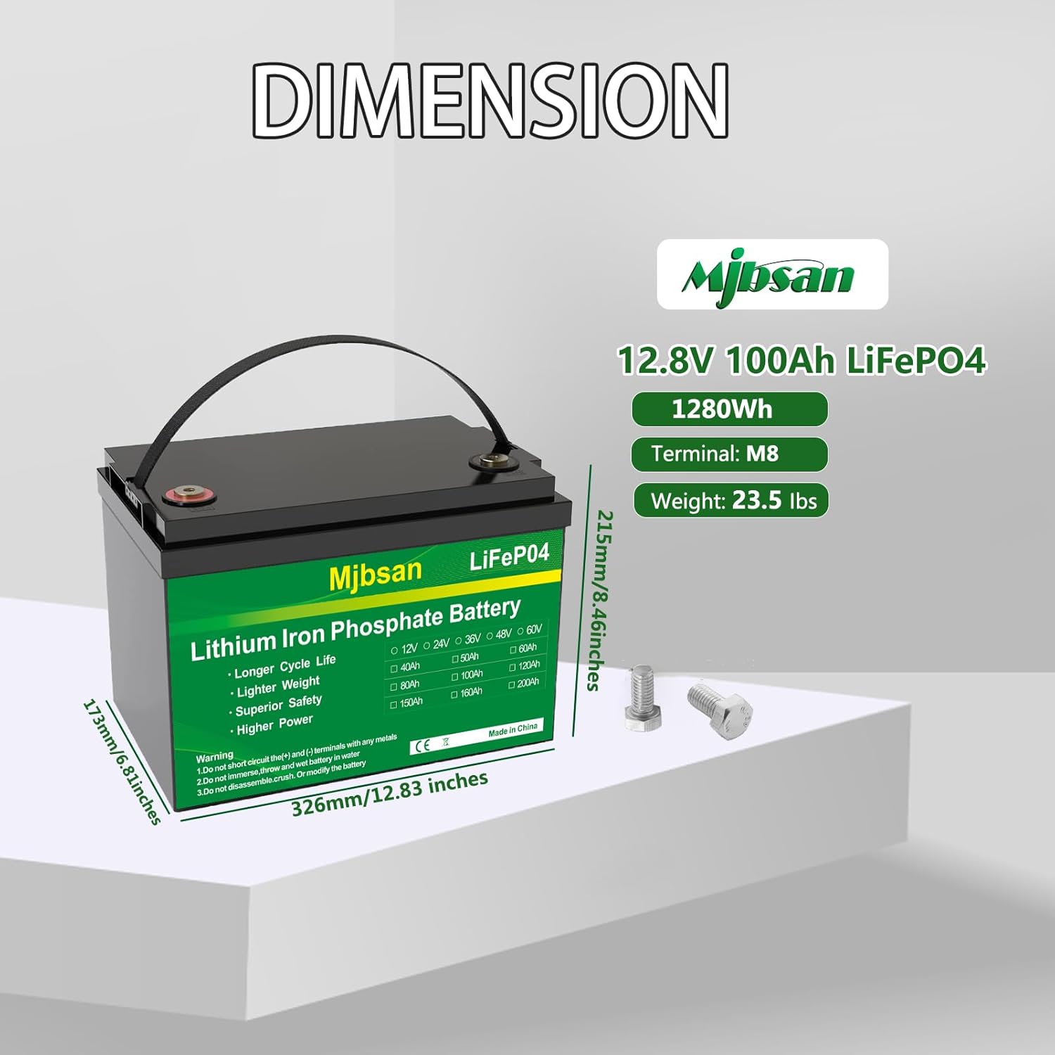 Mjbsan LiFePO4 Battery 12V 100Ah Lithium Battery, Built-in 100A BMS,Max 1280Wh, Up to 15000 Deep Cycles Battery with 10 lifespan Years, for RV,Camper, Solar, Energy Storage, Trolling Motors, Boats
