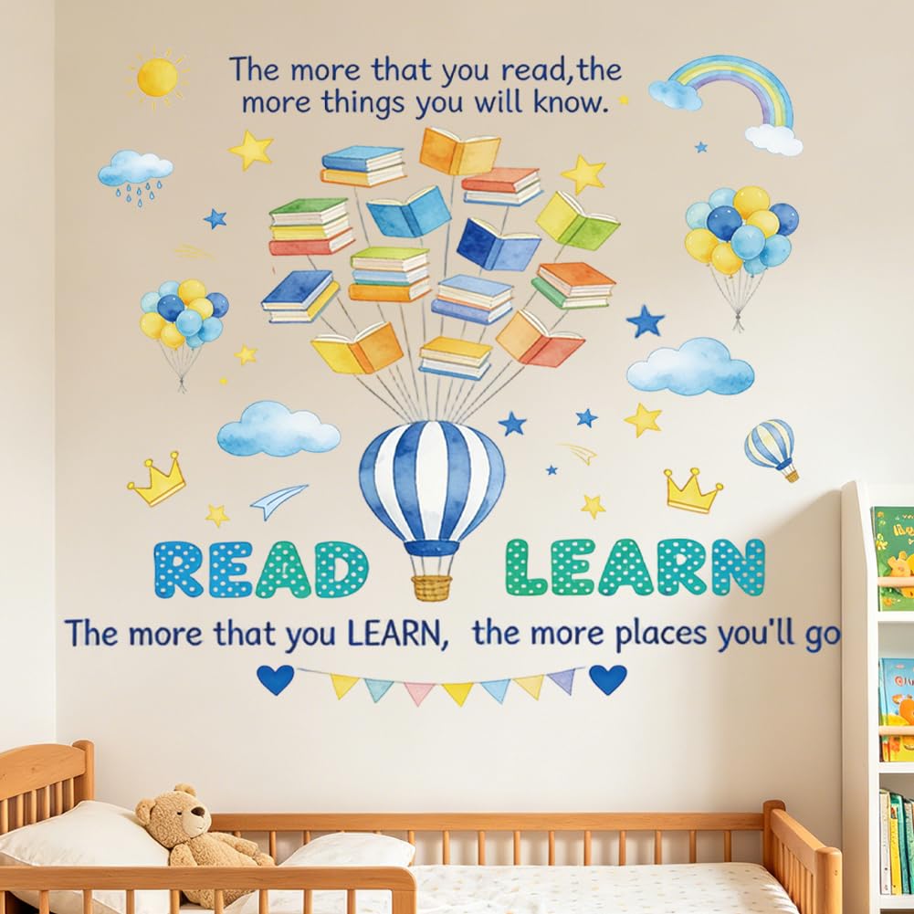 PRESSINART Reading Book Wall Decal 23.62 x 14.96 Inch, Book Quote Wall Sticker Removable Peel and Stick Blue Hot Air Balloon Window Sticker for Library Bedroom Offices Home Decoration