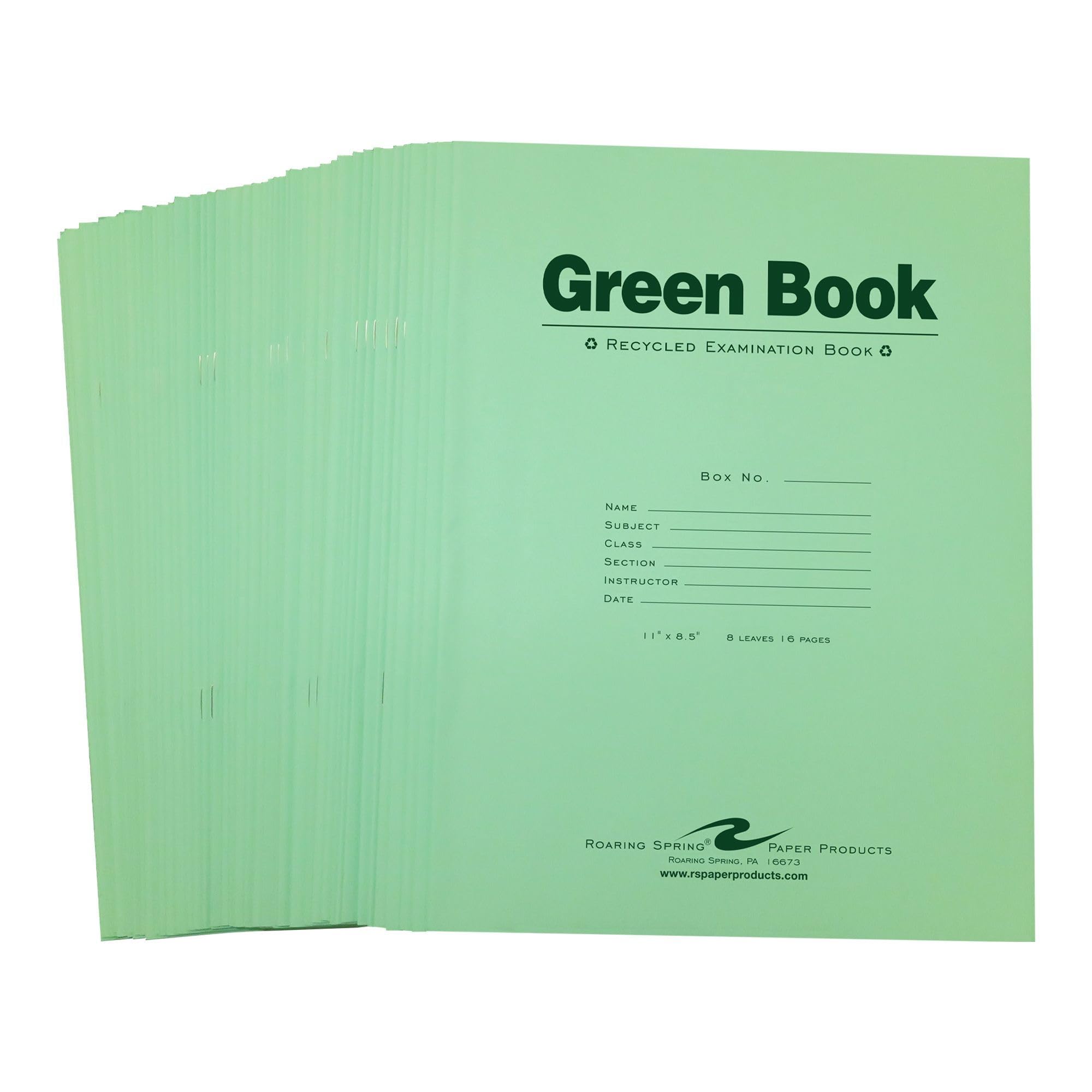 ROARING SPRING Recycled Green Exam Book, 8 Sheets/16 Pages, 11" x 8.5", Wide Ruled with Margin (Pack of 50)