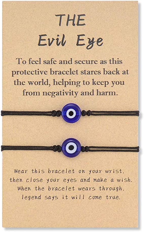 NIRA BY NALINIEvil Eye Bracelet for Women Teen Girls Boy Couple Kabbalah Adjustable Waterproof Lucky Jewelry with Wish Card Protection Black String (Set of 2)