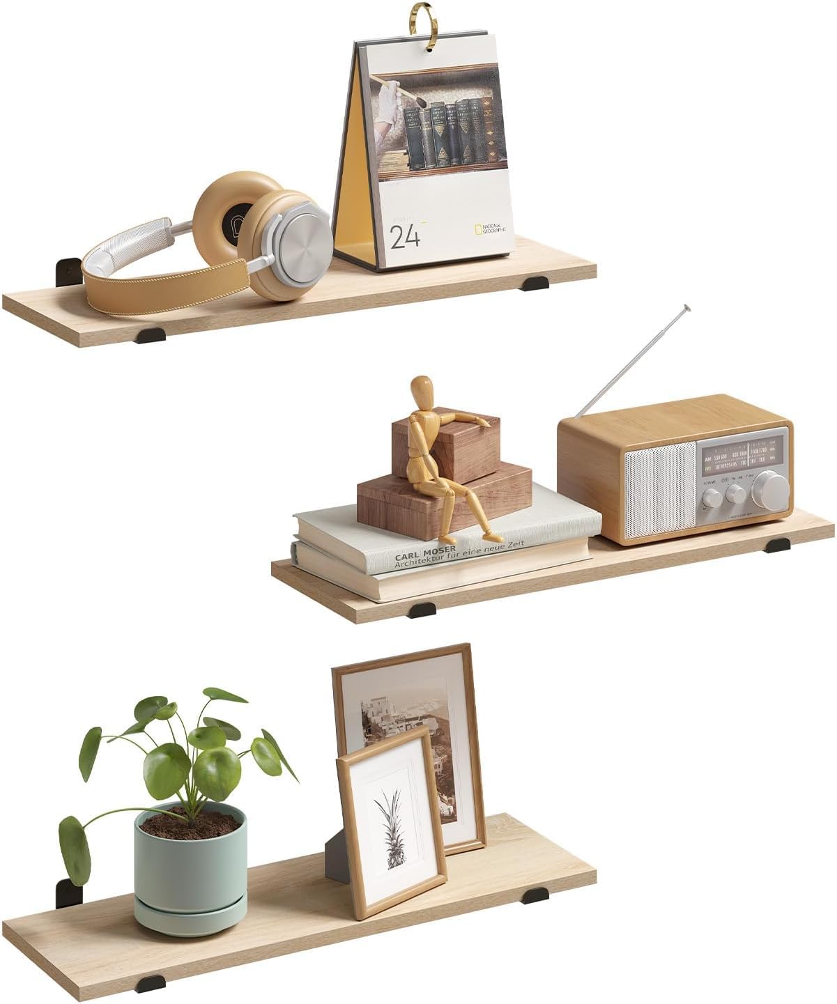EUGAD Étagère Murale Lot 3, Étagères Flottantes, Noir+Effet de Bois Clair