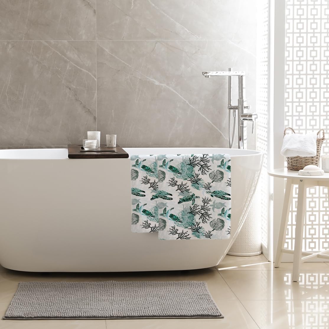 Sea Turtle Corals Coastal Hand Towels for Bathroom 14x28 Inch, Green Teal Nautical Bath Towels Decorative Set of 2 for Farmhouse Gym Kitchen Hotel Holiday Summer Beach Bathroom Home Decorations - Image 5