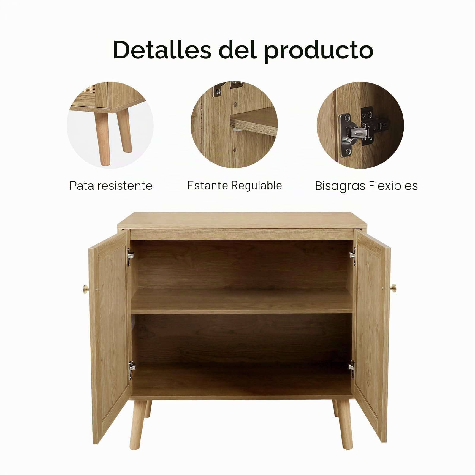 Rattan Aparador de Cocina, Mueble Auxiliar Cocina Madera, Estante Ajustable, Estilo Rústico, para Comedor Salón, Antivuelco, Mueble Almacenaje 80 x 35 x 79 cm