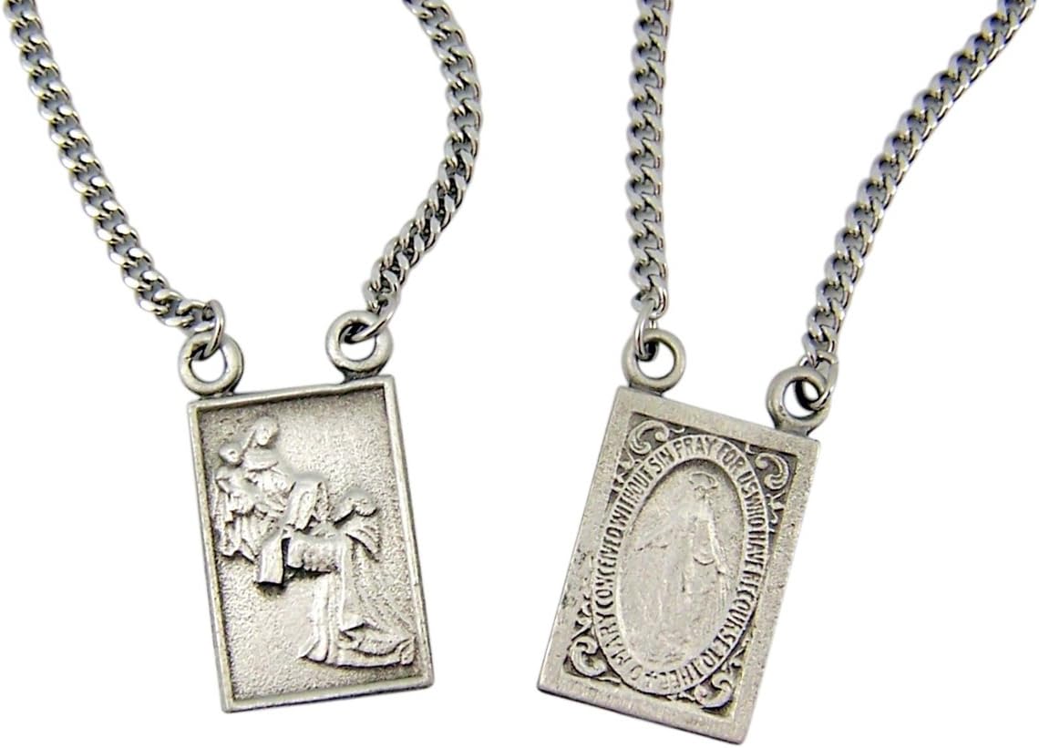 Pewter Scapular Medals with Stainless Steel Rhodium Finished Chain, 18 Inch