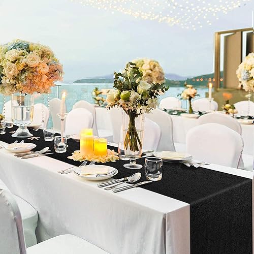 Miniatura 5 de Camino de mesa negro brillante de Halloween, 10 paquetes de 12 x 108 pulgadas, tela de lentejuelas con purpurina para fiestas de cumpleaños,