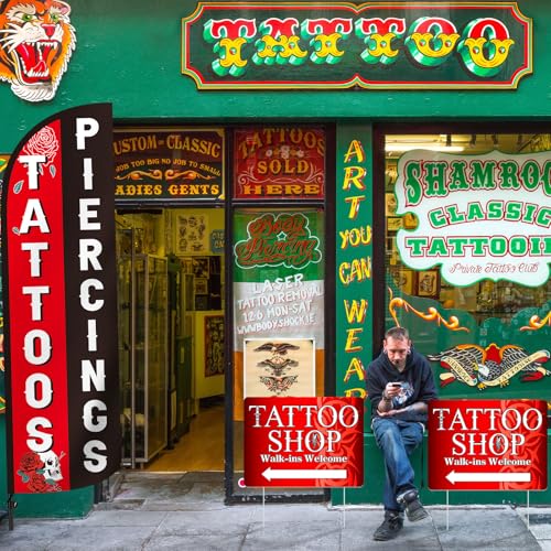 Hillsuren Tattoo Piercing Feather Flag Kit Include 7 ft Banner Flag with 5 Tattoo Arrow Yard Signs and 10 Ground Stake for Outside Business Shops Stores Events Grand Opening Decoration