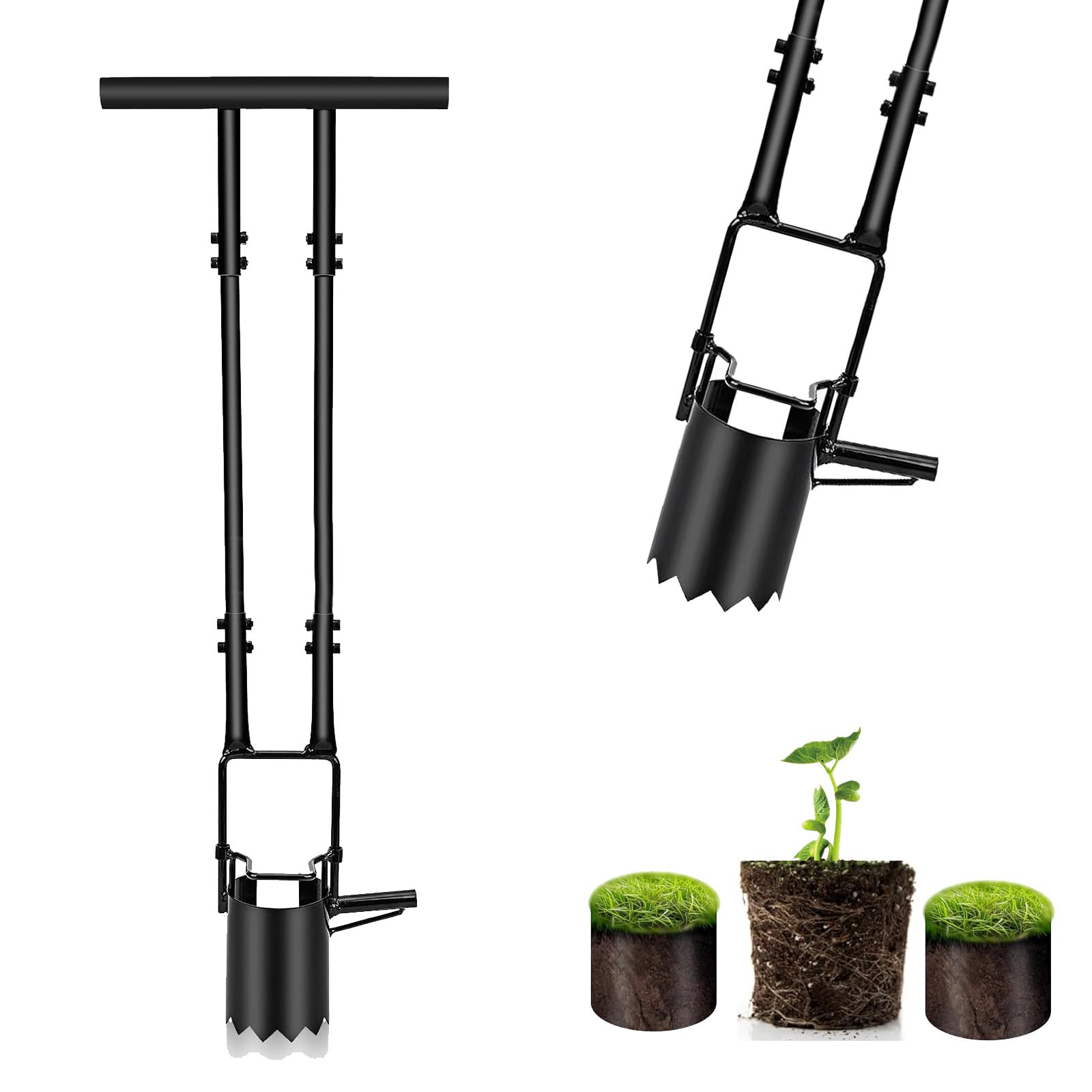 Blumenzwiebel-Pflanzwerkzeug, Zwiebelpflanzer mit Trittauflage & Sägezahnkante, Tiefe Einpflanzhilfe, Robuster Sodenstopfer für Tulpen, Iris, Narzissenlanger Griff, Gezackter Boden