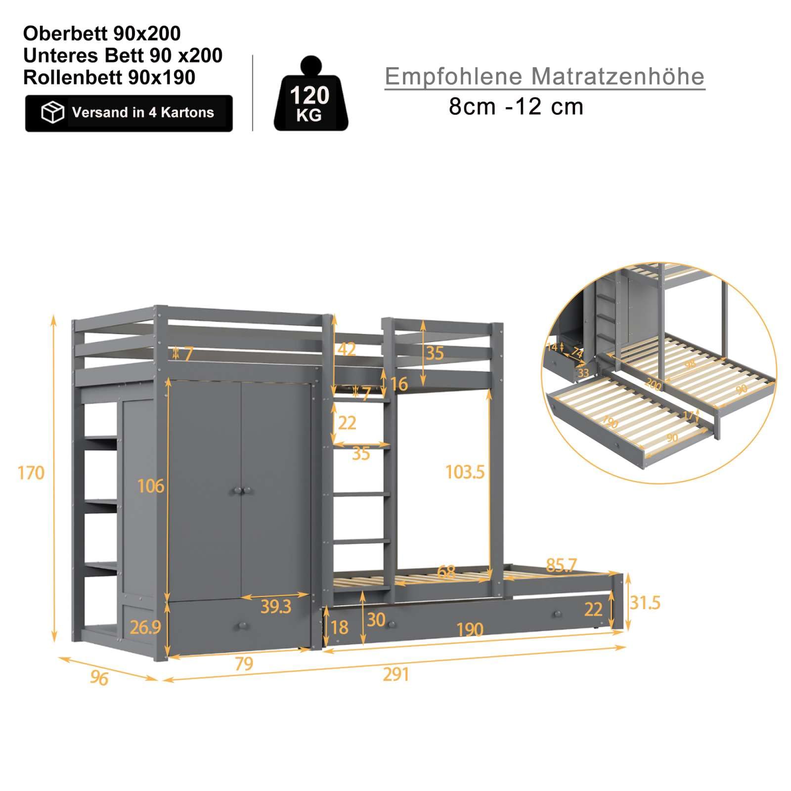 Lit superposé en Bois Massif 90x200cm,lit d'enfant avec lit escamotable,lit Multifonctionnel avec Armoire, tiroirs et étagères de Rangement(sans Matelas) (Gris)