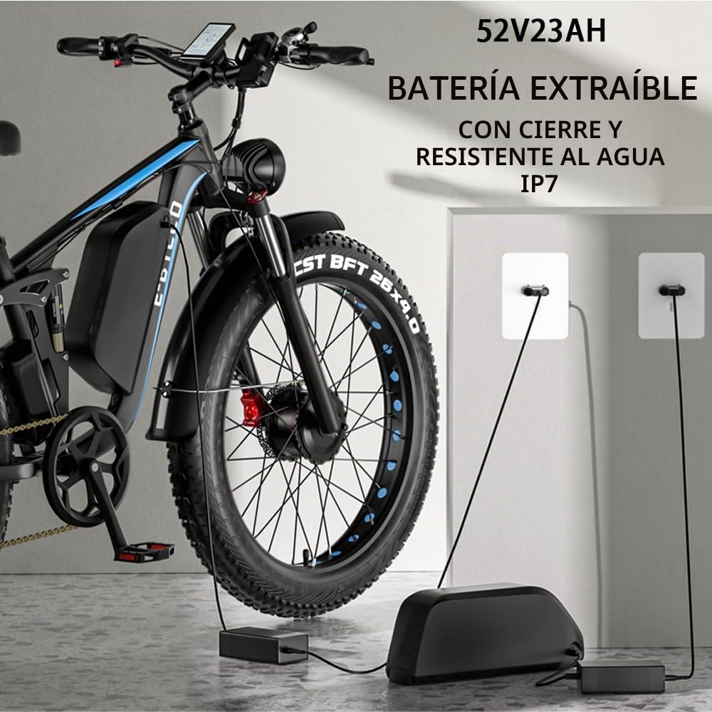 Bicicleta eléctrica para adultos EB7PRO, batería extraíble de 23 Ah, doble motor de 52 V, neumáticos de 26 x 4 pulgadas para moto de montaña, nieve, lanzadera, bicicleta todo terreno, freno de disco.