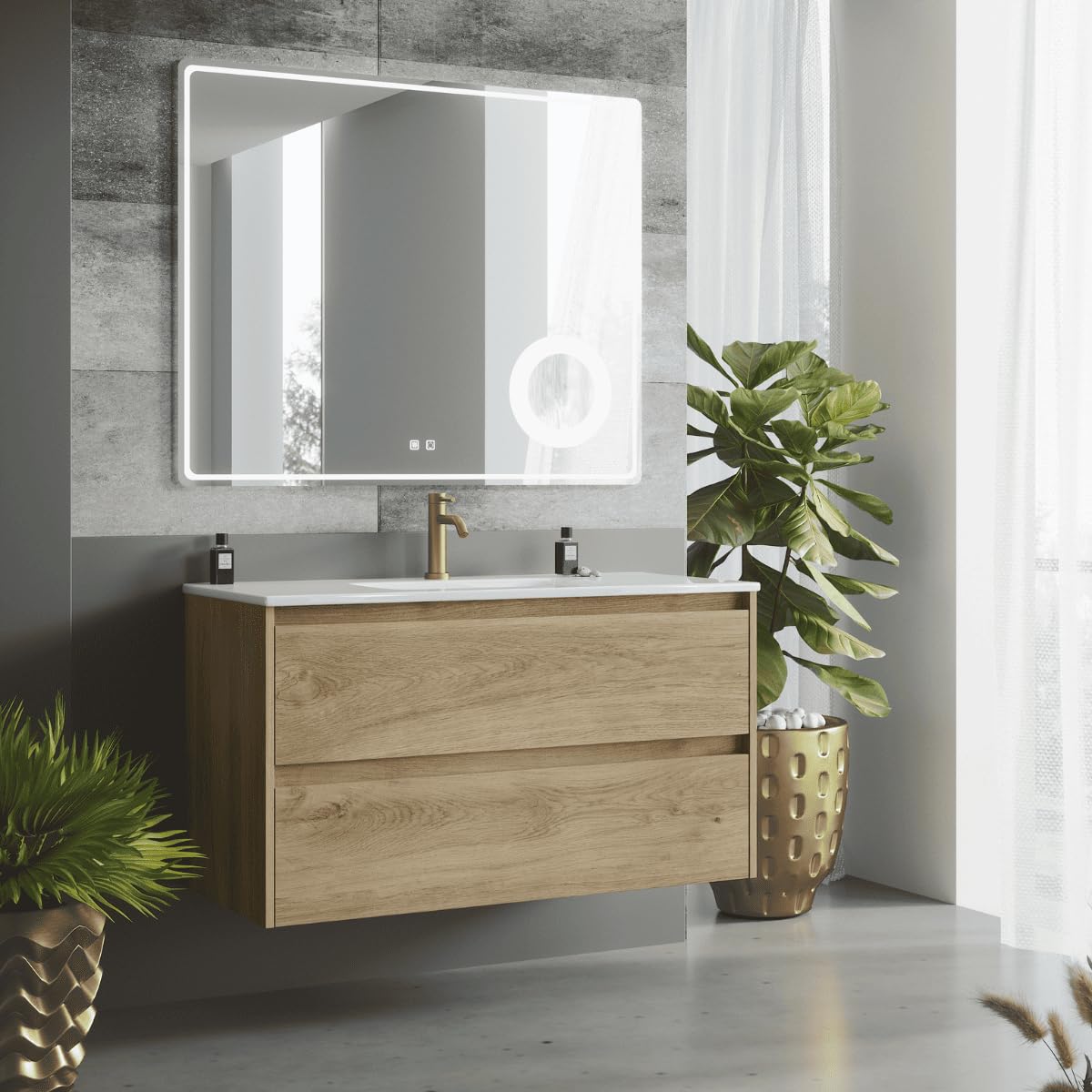 Mueble de Baño Suspendido con Lavabo Cerámico| 2 Cajones | 70 cm Roble Natural