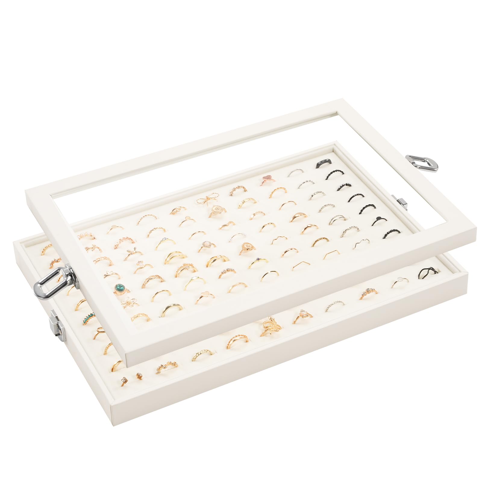 Lolalet Jewelry Organizer Tray with Lid, 100 Grids Velvet Ring Organizer Holder Storage Box for Drawer -Beige