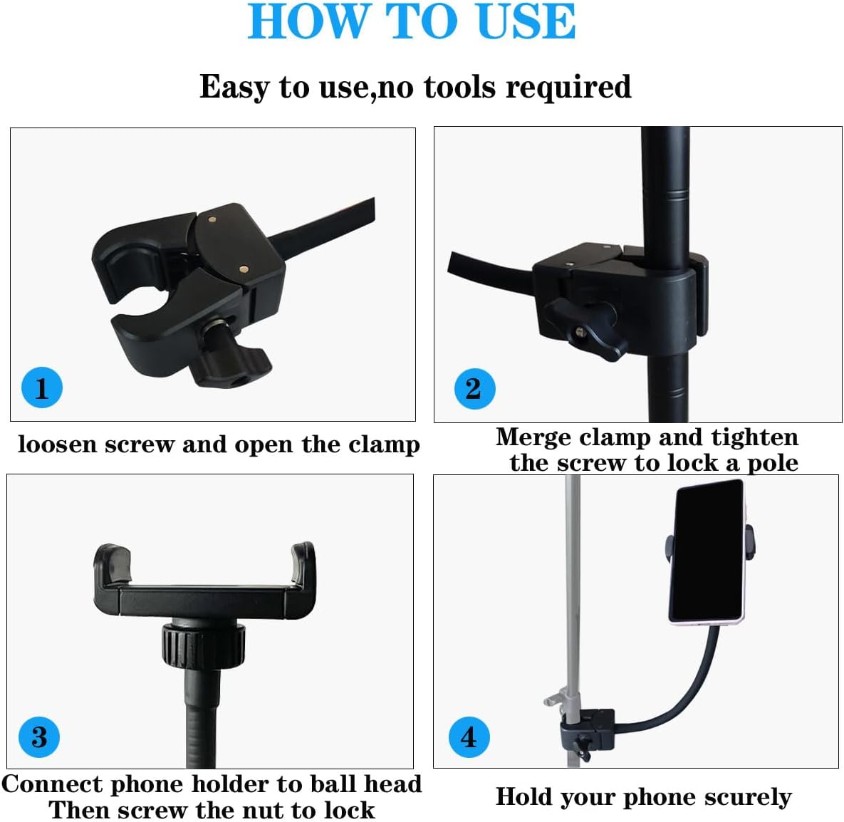 Gooseneck Flexible Metal Hose Arm 13inch,Table Top Phone Holder Clamp,Camera Holder with Strong Clamp Stand Handle On Tube Sizes 0.6 to 1.6 inch DIY Mirror, Camera & Other applications in Black