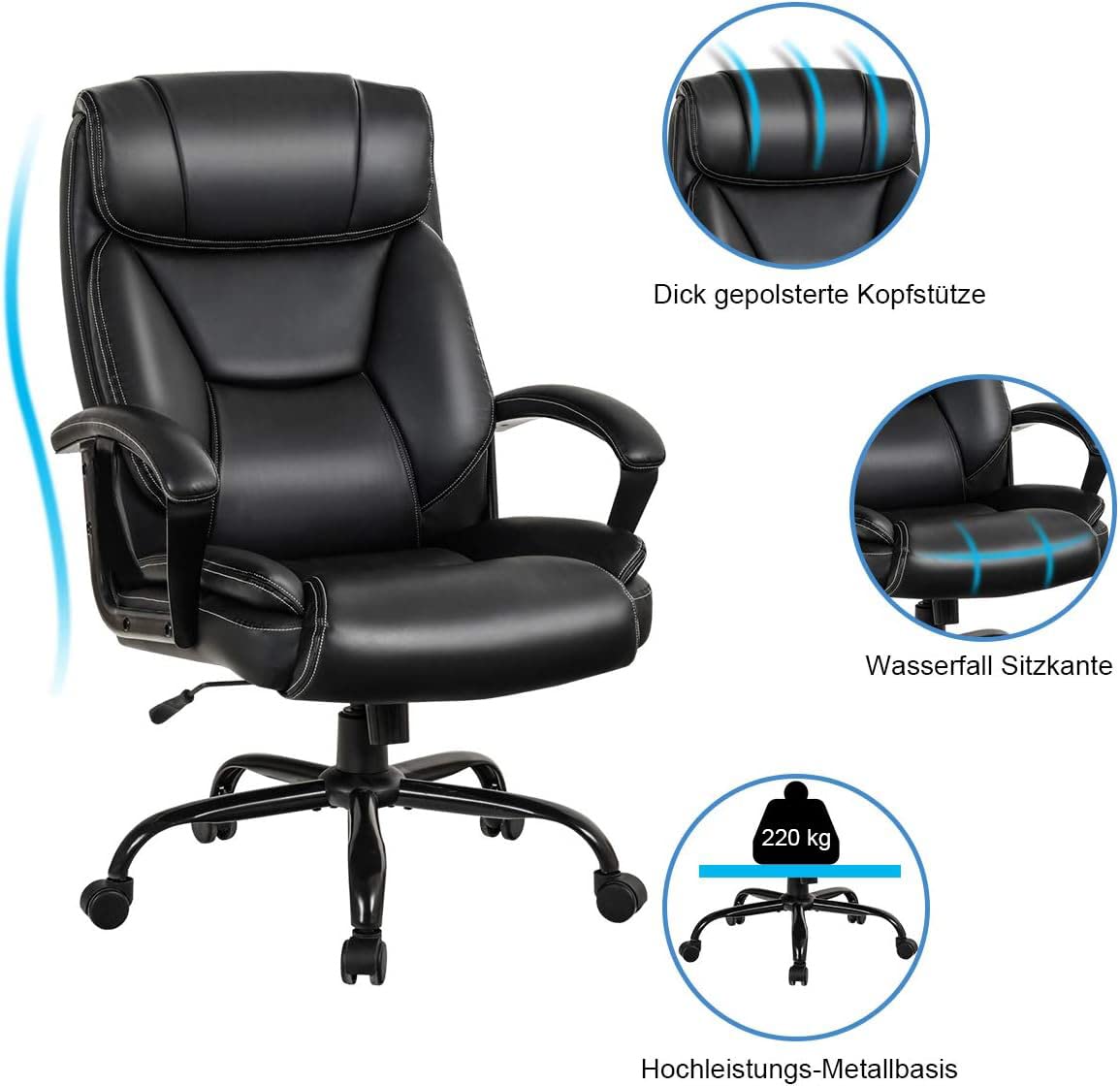 COSTWAY Chefsessel, ergonomischer Bürostuhl bis 220 kg belastbar, Schreibtischstuhl mit Wippfunktion, höhenverstellbar, Computerstuhl, PC Stuhl, Drehstuhl für Große Menschen