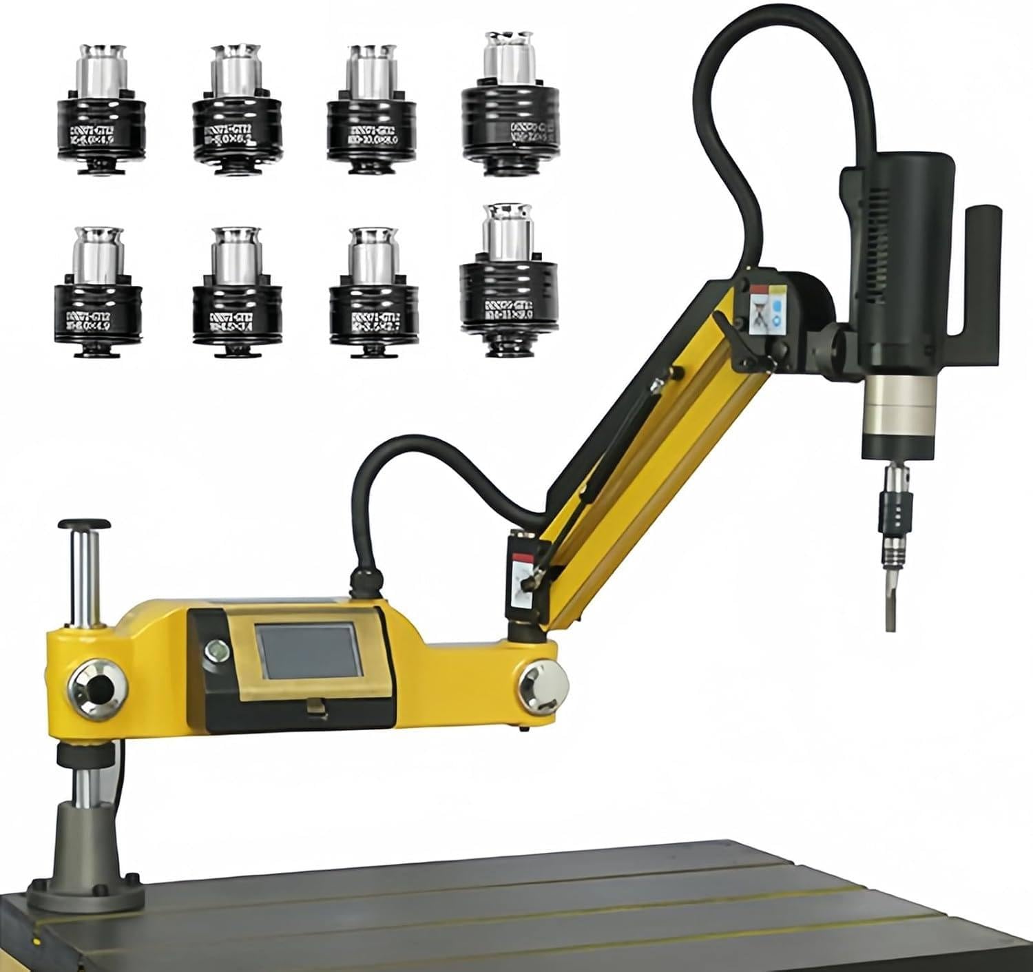 Maschiatrice elettrica multidirezionale a 360°, Braccio maschiatore Elettrico per filettature da M3 a M16, Potenza 600W, 8 pinze Incluse, Schermo tattile.