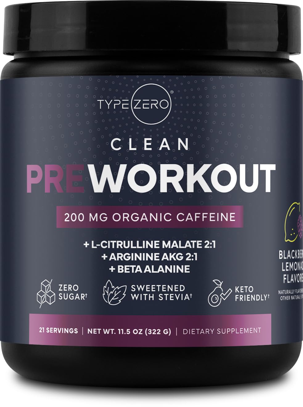 Type Zero Clean Pre Workout (11.3 oz | BlackBerry Lemonade) + Beet Root + L-Arginine + L-Citrulline - 2G Arginine, L-Citrulline Malate, Sugar Free, Organic Caffeine Preworkout