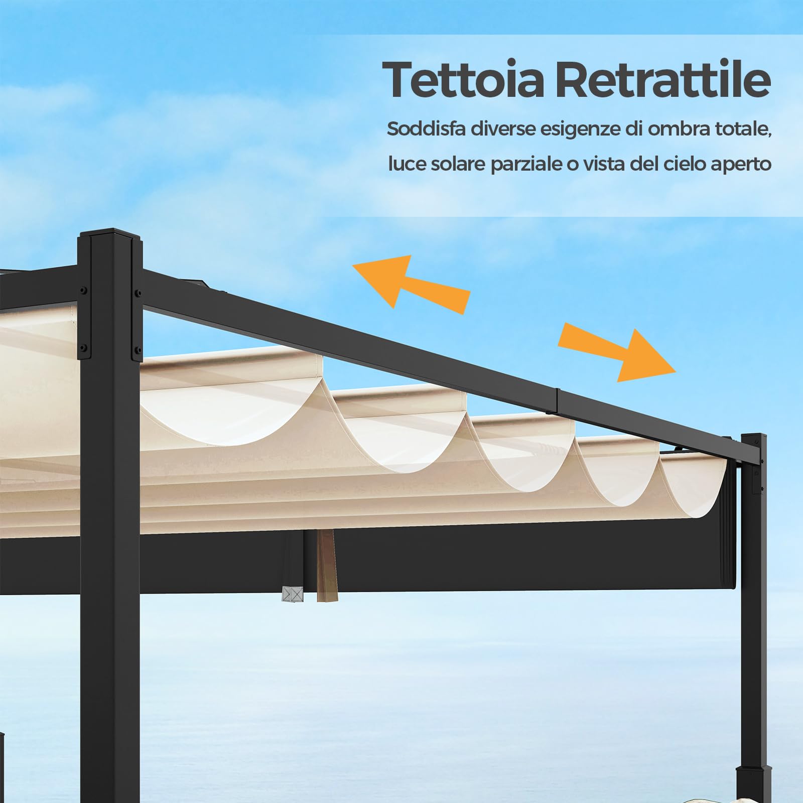 COSTWAY Gazebo Pergola da Giardino 310 x 310 cm, Pergola da Esterno con Tettuccio Retrattile, Struttura in Metallo, per Giardino, Patio e Portico (Beige)