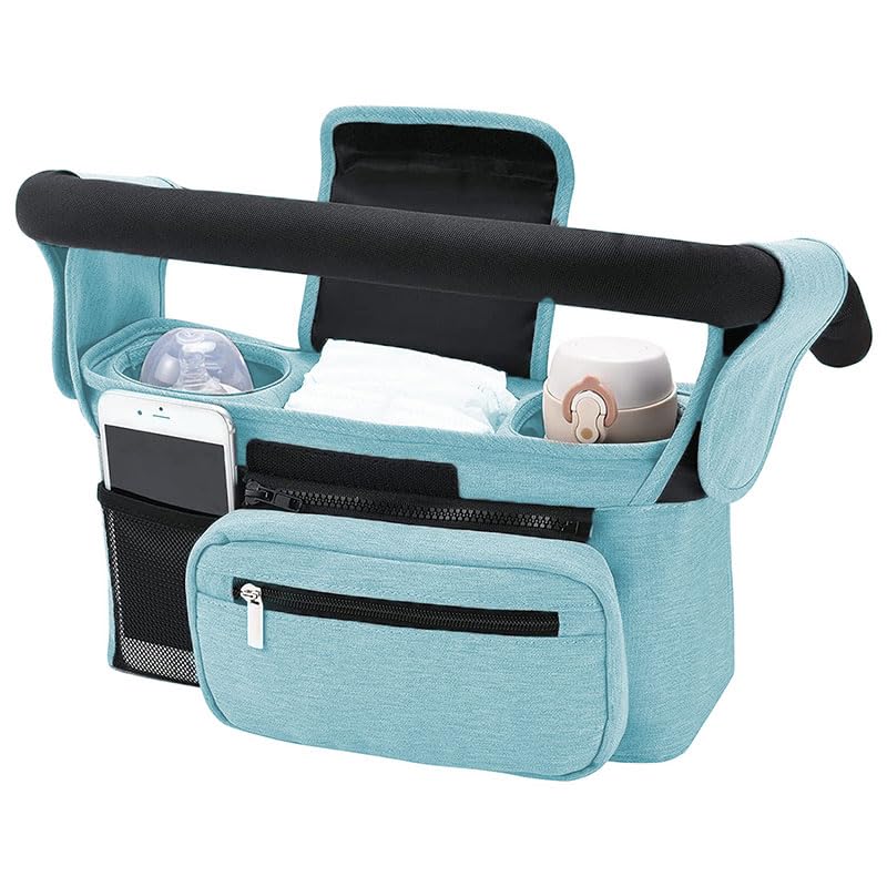 Baby Pram Bag Stroller, Universal Baby Stroller Organizer - with Detachable Phone Bag, Shoulder Strap, 2 Insulated Cup Holder Fits Any Pram Handlebar (Blue)