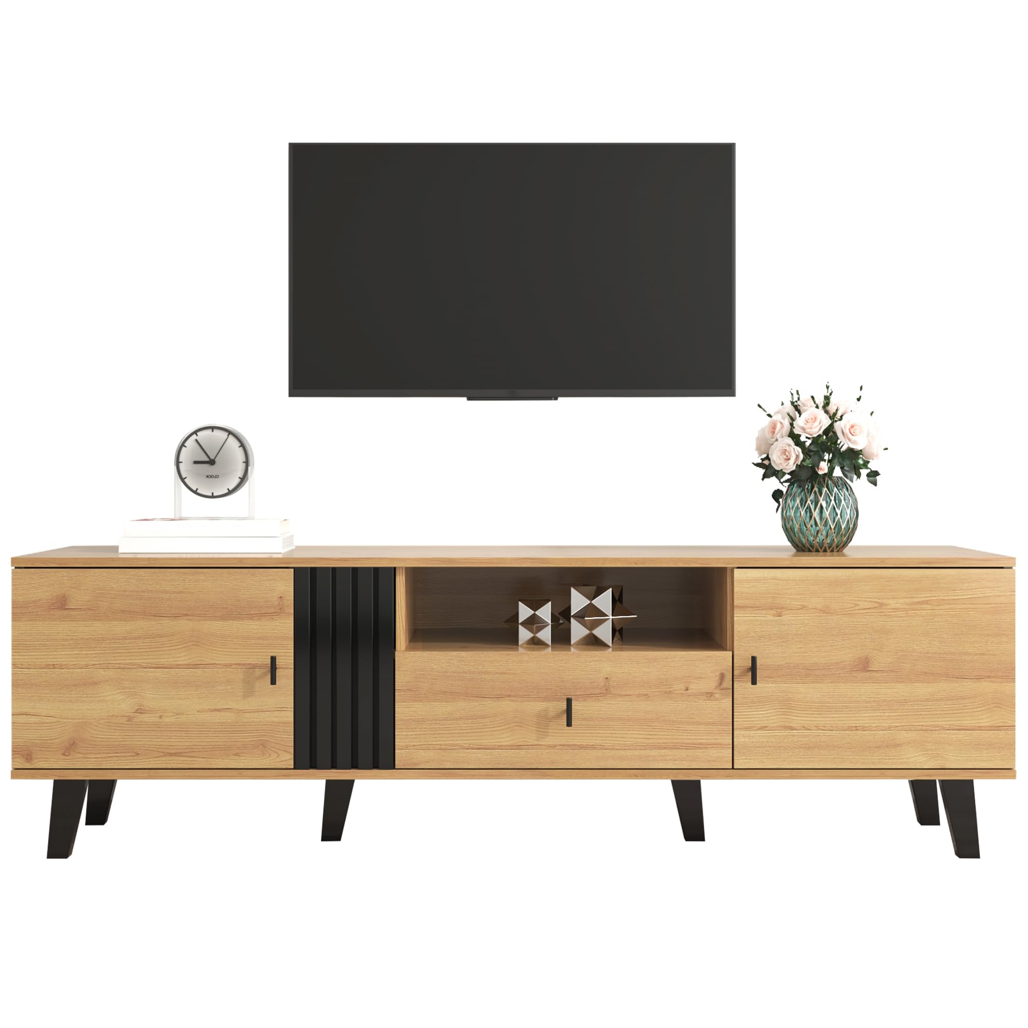 Elegancia elegante: mueble de TV de 170 cm con diseño de madera y negro, mueble de TV, mueble bajo con cajones, múltiples funciones de almacenamiento, aspecto único