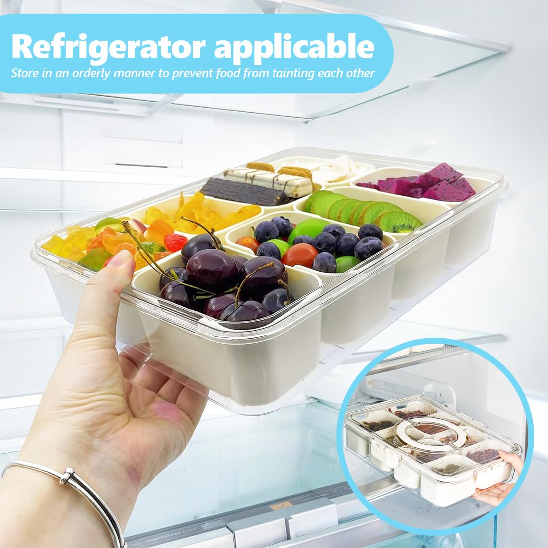 2 scatole per snack con coperchio e manico, vassoio riutilizzabile con 8 scomparti rimovibili, per cucina, feste, picnic, snack per noci, patatine, verdure, spezie, caramelle, frutta e salse