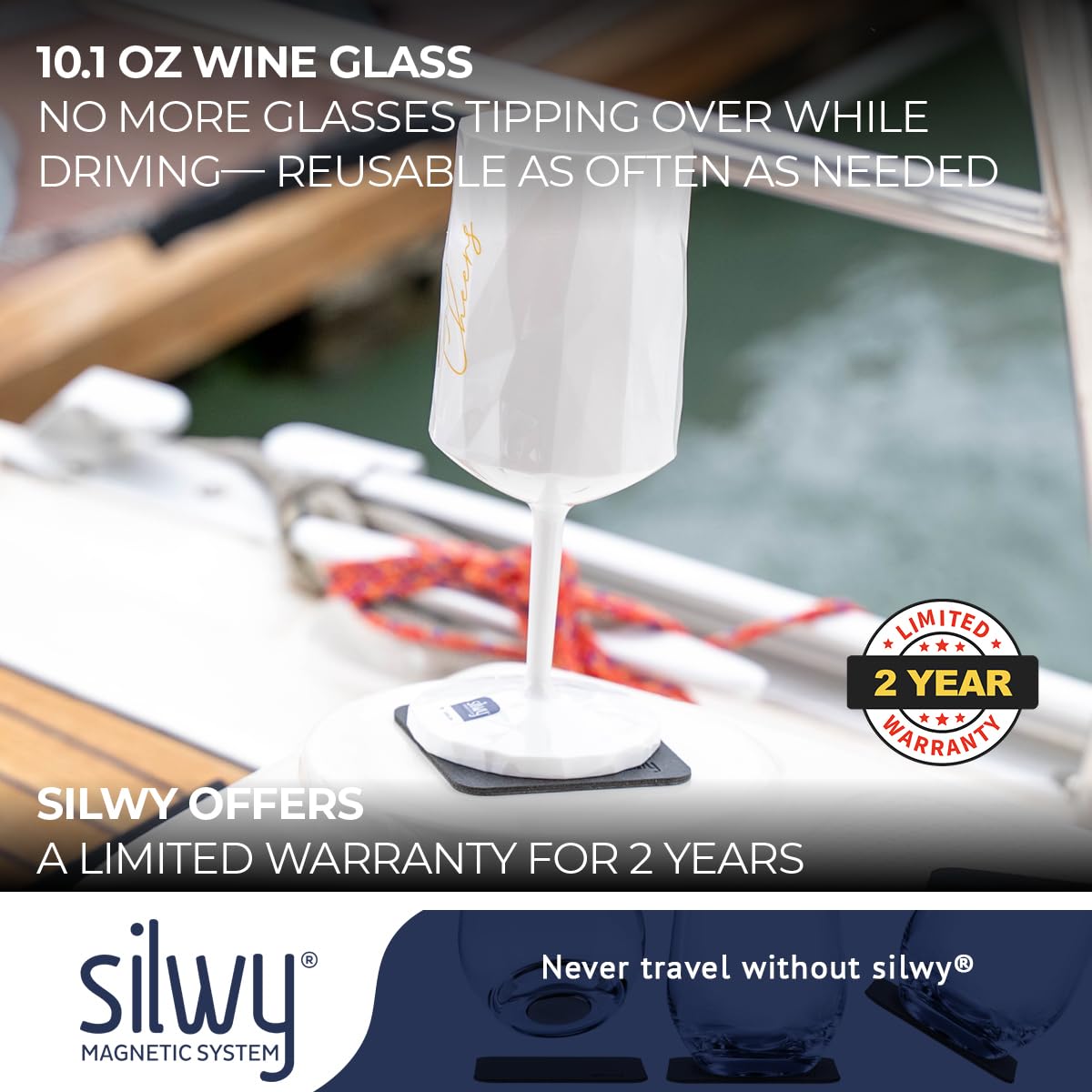 Silwy® Magnetyczny słoik z tworzywa sztucznego do wina CHEERS 300 ml w kolorze białym wraz z metalową nano-żelową podkładką – antypoślizgowe szklanki kempingowe, akcesoria do łodzi i jachtów