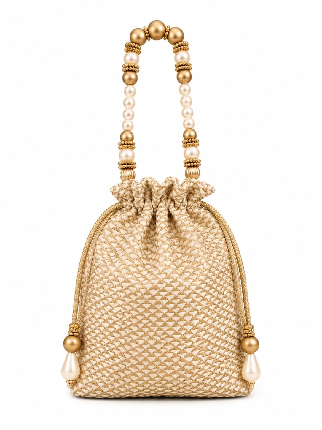 Art Hoizons Potli Bag with Pearl & Gold Beaded Handle, Cream & Gold-picture-57