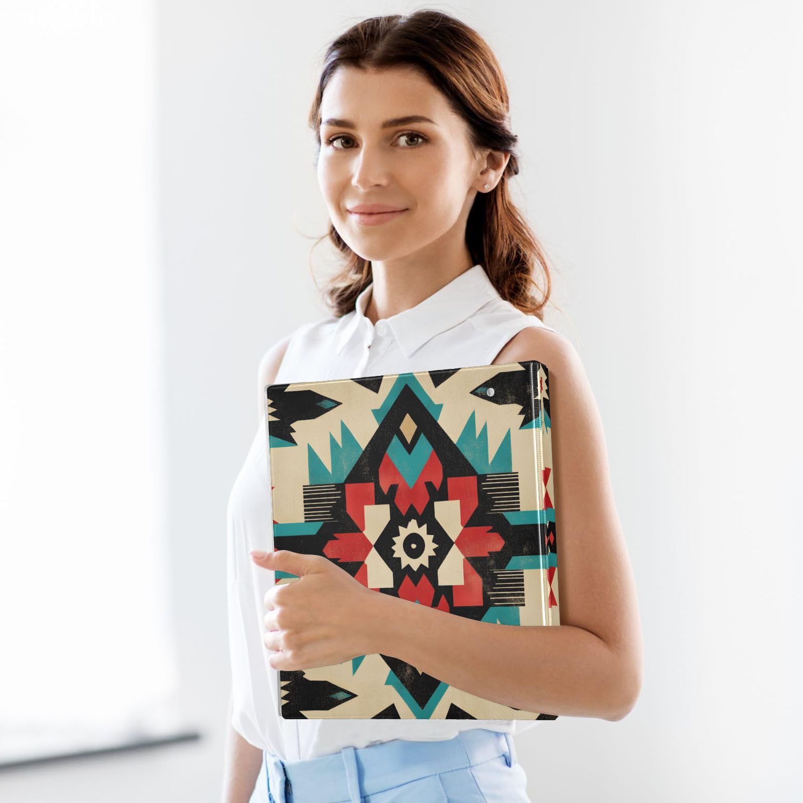 Confezione da 2 raccoglitori a 3 anelli, motivo colorato turchese azteco, 3,8 cm, con 3 tasche trasparenti, portablocco e contiene 200 fogli, per ufficio, scuola, organizzazione domestica