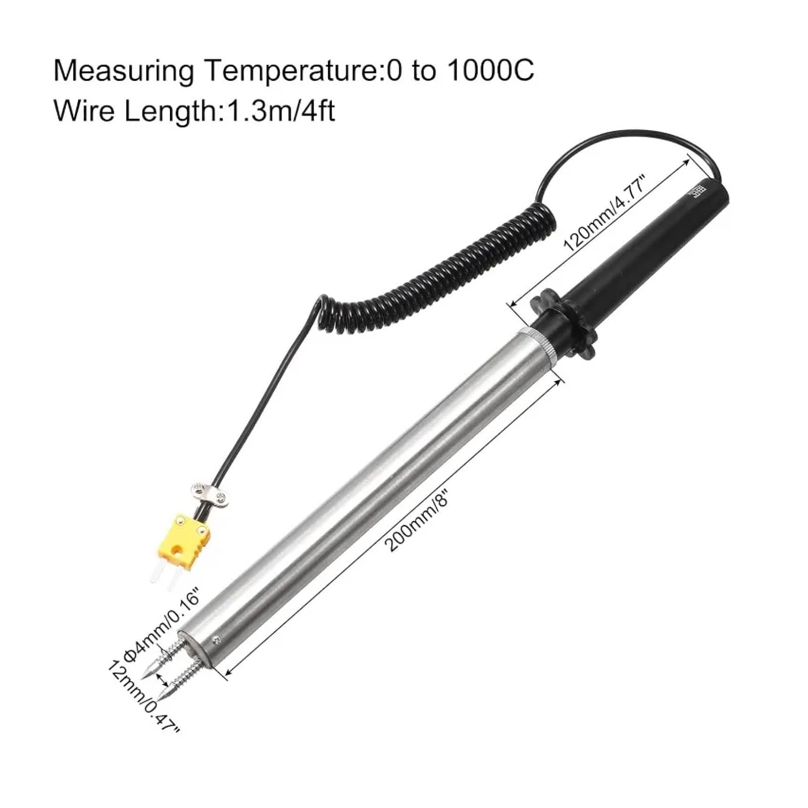 Sonda de termopar superficie tipo K, cable en espiral amarillo 0 a 1000C for medición temperatura superficies metálicas
