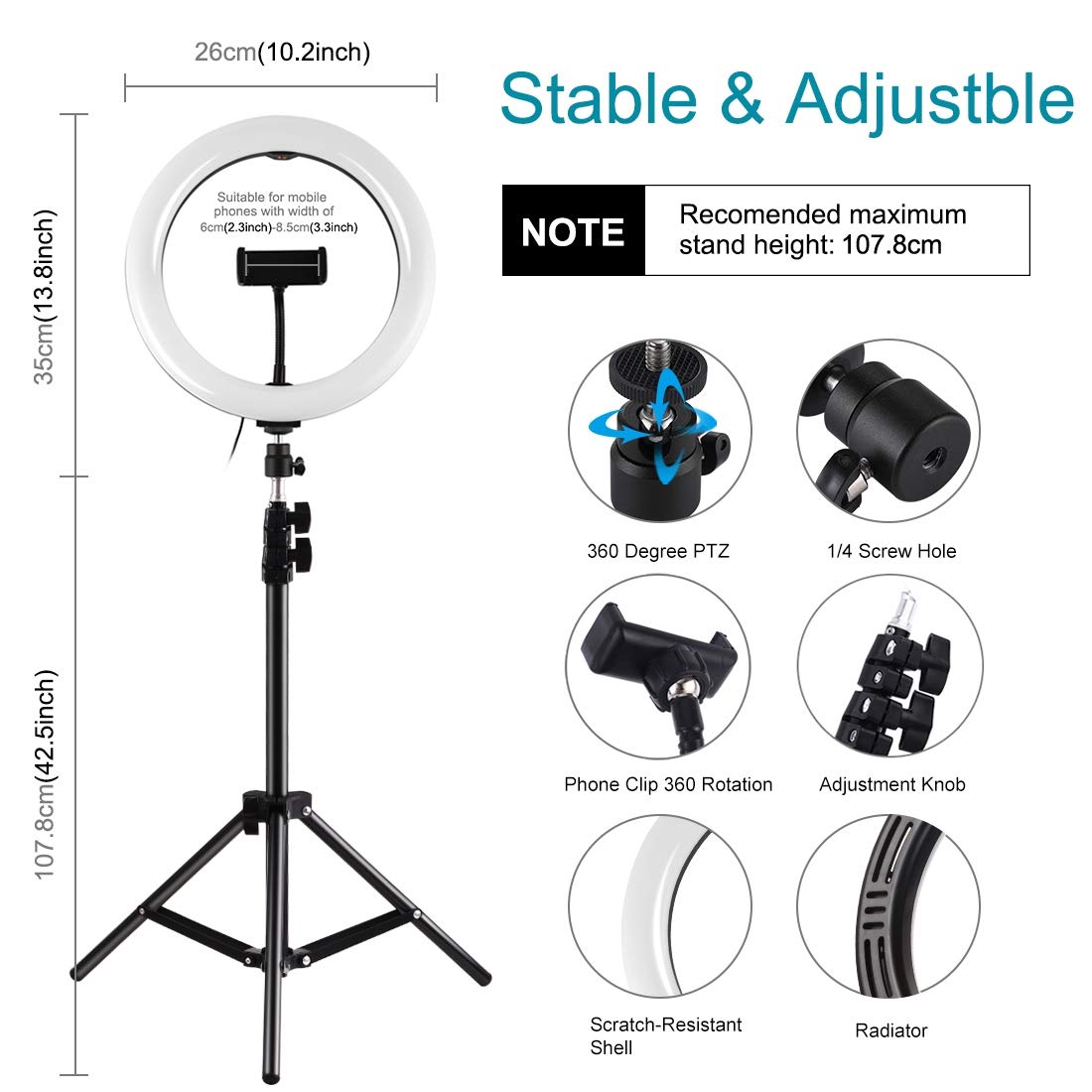 APP LIFE Ring Light 10 Pollici LED 3 Modalità Illuminazione 10 Luminosità Staffa Triangolare