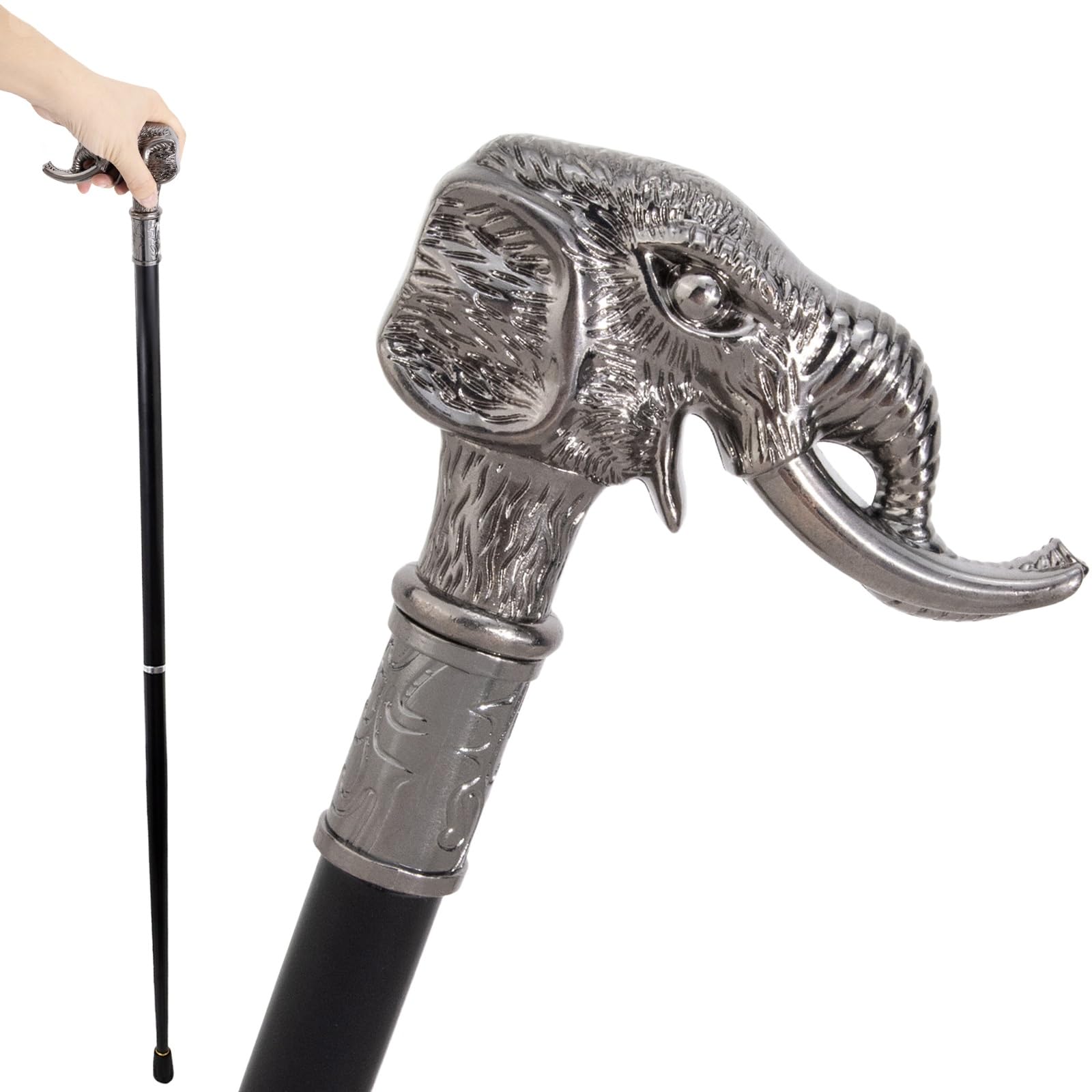 Bastón con Empuñadura de Elefante Plateado para Personas Mayores | Plegable, punta de goma antideslizante, uso diario, viaje, agarre cómodo, acero resistente, ligero, plateado