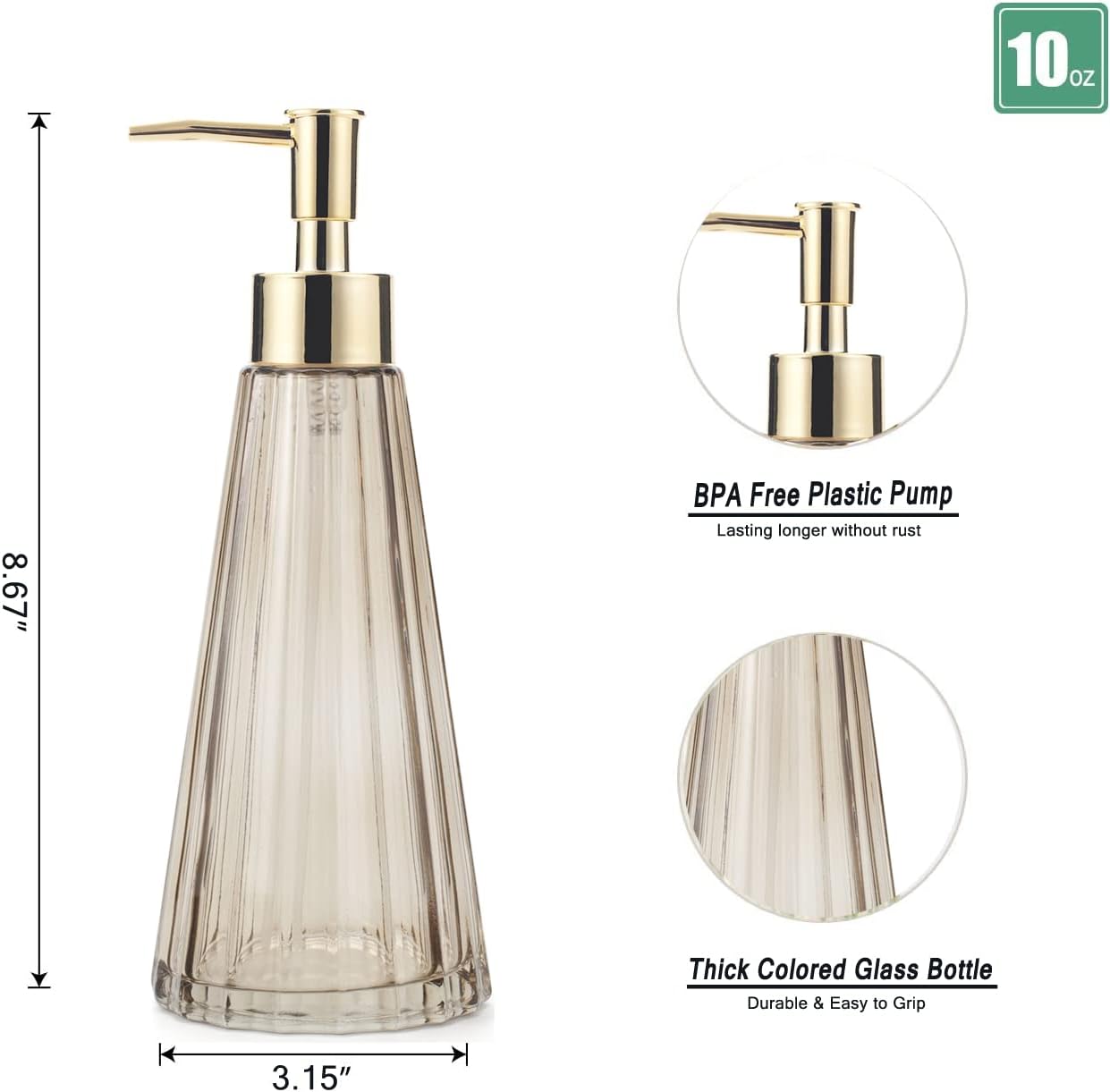 IVAILEX 10oz/300ml Hand Soap Dispenser Bathroom, Kitchen Soap Dispenser, Glass Soap Dispenser with Gold Rust Proof Pump, Liquid Soap Dispenser with Elegant and Beautiful Color (Brown)