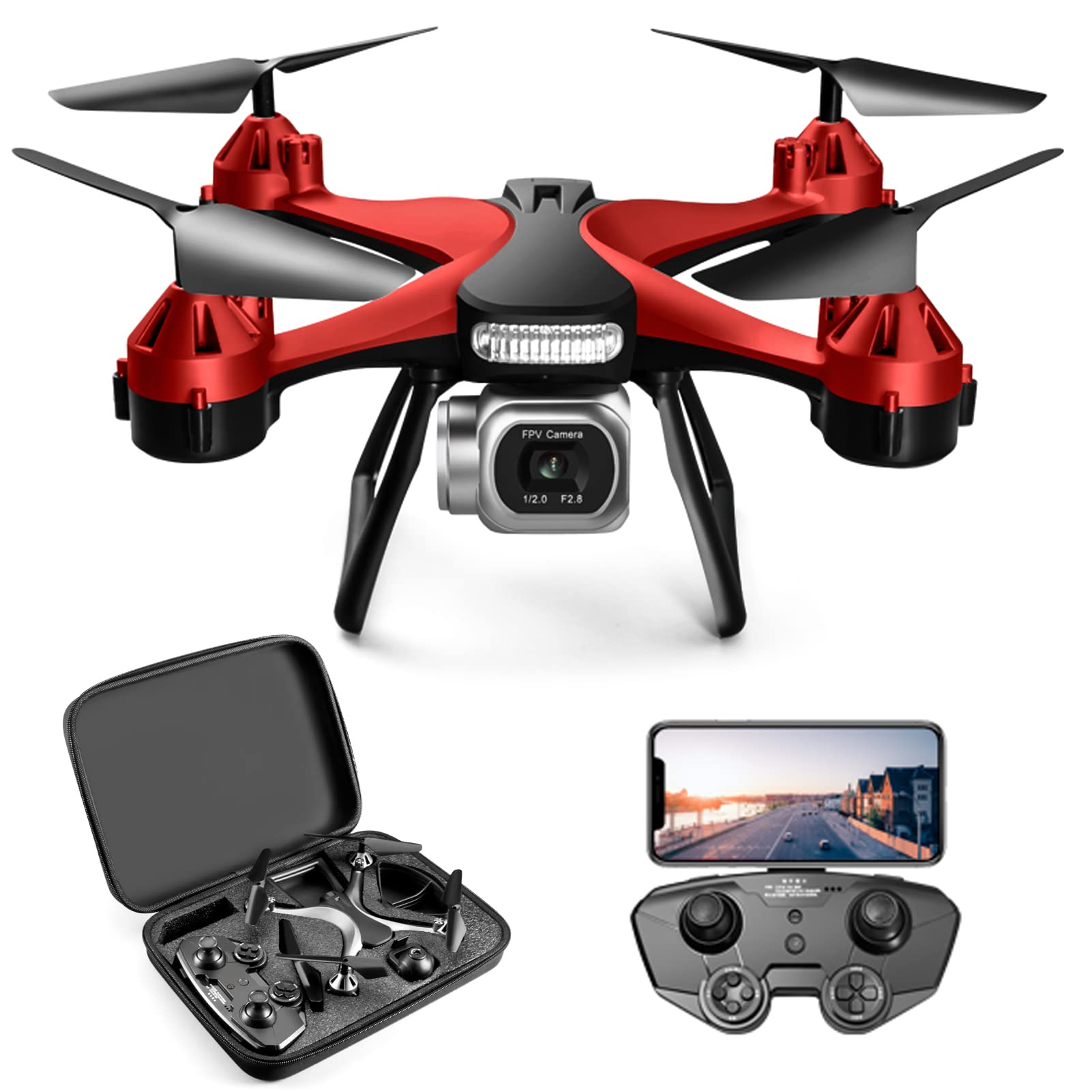 RC FPV Drone para Adultos, Mini Drone con cámara 4K, WiFi RC Drone Quadcopter, Vuelo de trayectoria, 75 Minutos de Tiempo de Vuelo, Modo sin Cabeza, Circle Fly, Smart Hover (3 baterías) (Roj