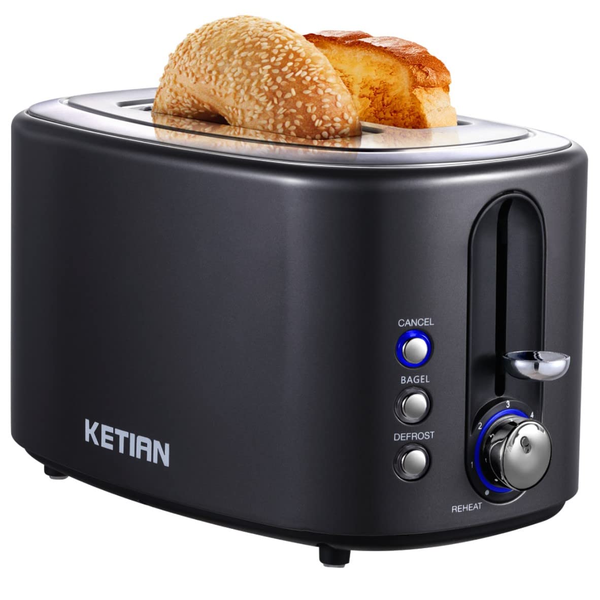 KETIAN 2 Slice Wide Slot Bagel Bread Black Toaster Stainless Steel Retro Tostadora De Pan, 6 Toast S